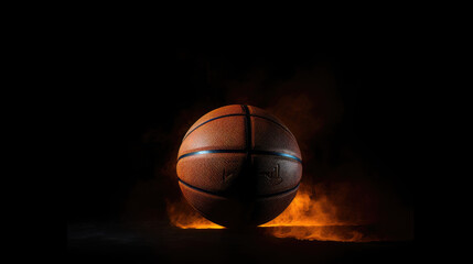 An artistic and minimalistic image featuring a dark basketball set against a solid black background, creating a sense of stark contrast and simplicity.