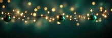 Holiday Illumination And Decoration Concept - Christmas Garland Bokeh Lights Over Green Shaded Background Banner, Stars, Baubles And Decoration For X-mas