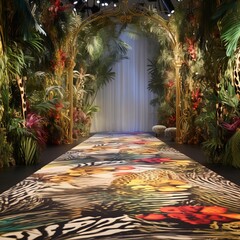 Canvas Print - Jungle themed fashion show backdrop, exotic birds of paradise and cheetah print rug, animal print floor