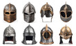 Realistic medieval and antique helmets. Armored 3d headdress with visor and protective plates made of metal and bronze with chain mail ornament