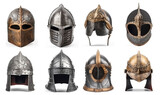 Fototapeta  - Realistic medieval and antique helmets. Armored 3d headdress with visor and protective plates made of metal and bronze with chain mail ornament