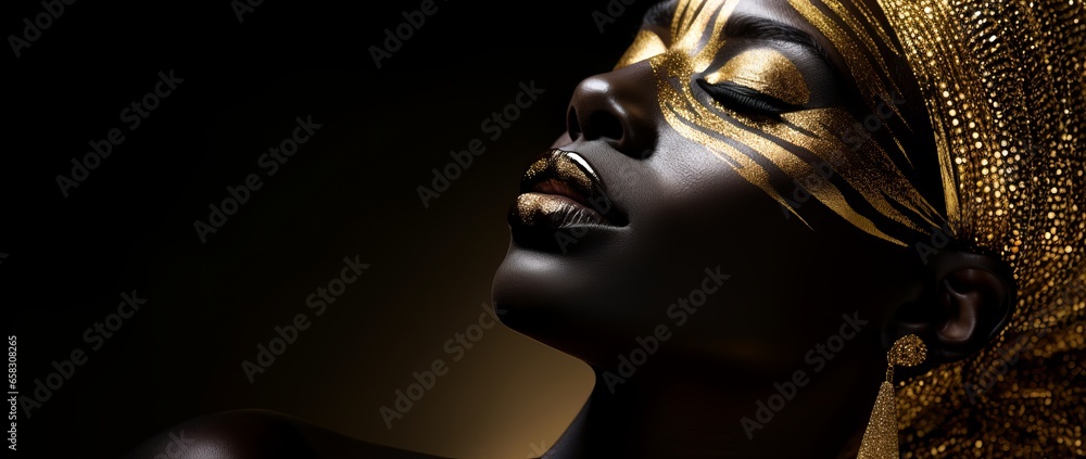 Close-up photo a beautiful black woman with gold makeup on her face, in ...