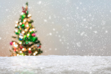 Canvas Print - Empty white snow with blur Christmas tree with bokeh light background
