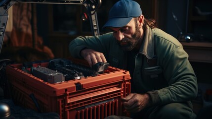 Wall Mural - A plumber is fixing a radiator. With an adjustable wrench, he tightens the tap. A briefcase with a tool at hand telephoto lens daylight