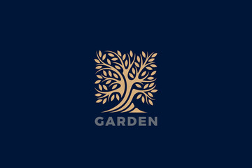 Poster - Tree Logo Leaves Abstract Square Shape Design vector. Garden Oak Plant Luxury Concept Logotype icon.