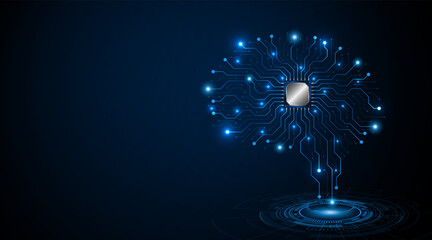 Leinwandbilder - Technology brain circuit board with microchip processor on dark blue background. Data processing concepts. Circuit board high tech technology background. Vector illustration