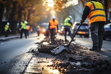 the workers' brigade clears a part of the asphalt with shovels in road construction