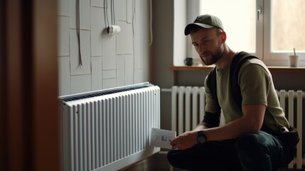 Wall Mural - A Young handsome professional plumber worker installing a heating radiator in an empty room of a newly built apartment or house. Construction, maintenance, and repair concept