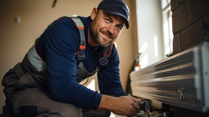 Wall Mural - A Young handsome professional plumber worker installing a heating radiator in an empty room of a newly built apartment or house. Construction, maintenance, and repair concept