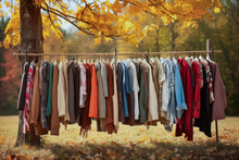 Nature Lighting Of Many Clothes Hanging In Row For Autumn Clothes Change In The Background Of Forest Autumn Season.
