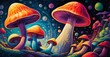 mushrooms forest bubbles spectrum vibrancy loony toons nuclear mushroom smoke houses shape standing outer space backdrop