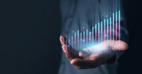 stock, bar, chart, diagram, finance, graph, growth, market, economy, financial. close up to hand, hold the bar chart of investment and their diagram is direct variation. then gentle growth up.