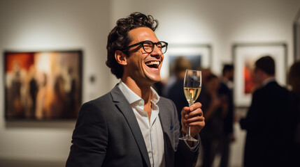 Wall Mural - Man stands with a glass of champagne during an exhibition at the gallery