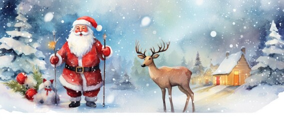 Wall Mural - christmas background with santa, reindeer and snowman generative ai