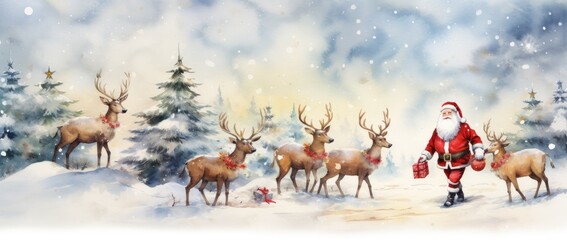 Wall Mural - watercolor christmas and santa backgrounds with reindeers and snowmen generative ai