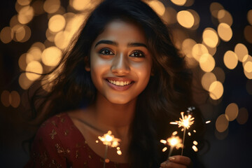 Sticker - Young indian woman celebrating diwali festival at home