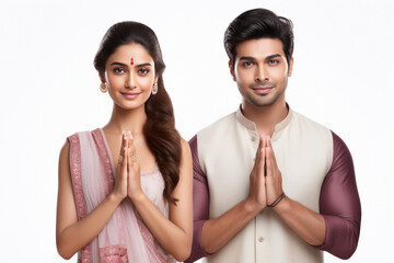 indian couple doing namaste or welcoming gesture.