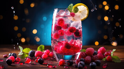 Wall Mural - Focus on glasses with tasty cocktail and fresh berries