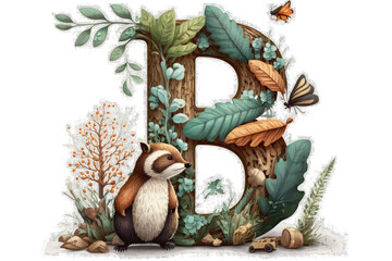 alphabet letter B monogram initial preschool forest child nursery decor school nature capital upper case letter wall art poster animal kid birthday toddler baby cute adorable wallpaper sticker party