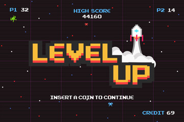 Wall Mural - LEVEL UP INSERT A COIN TO CONTINUE .pixel art .8 bit game.retro game. for game assets in vector illustrations.