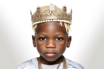 Wall Mural - A young boy wearing a crown and a necklace. Suitable for various uses.
