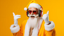 Nightclub Invite On Christmas Party Celebration Funky Crazy Santa Claus Dj In White Headset Sing Song Sound Melody Listen Music Dance Wear Stylish X-mas Hat Suspenders Isolated Yellow Color Background
