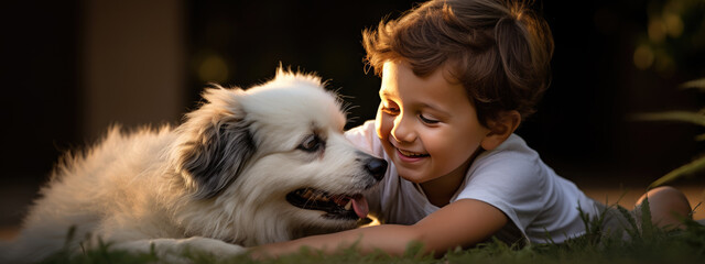 Canvas Print - Happy smiling little child with his dog