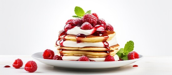 Wall Mural - Breakfast pancakes with sour cream jam and fresh raspberries