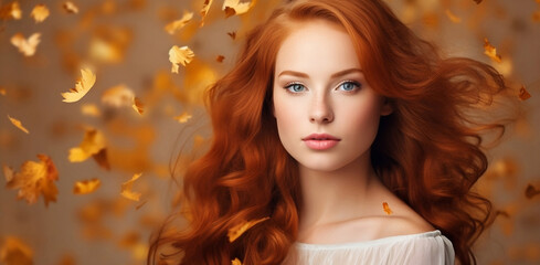 Women faces . A happy young woman with wavy red hair and freckles smiling in the background  horizontal copy space .