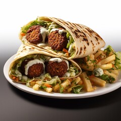 A image of Tortilla wrap with falafel and vegetables on white background Generative AI