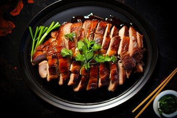 Wall Mural - Roasted sliced Chinese duck. Traditional and delicious Asian dish.