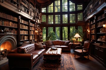 Poster - Interior of a library with a bookcase and a leather sofa, beautiful home library, AI Generated