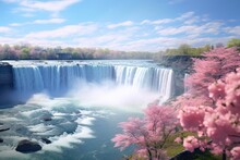 Niagara Falls With Pink Cherry Blossoms And Blue Sky In Spring, Beautiful Spring Views Of Niagara Falls, AI Generated