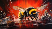  A Painting Of A Bee On A Red And Black Background.  Generative Ai