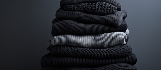 Wall Mural - Stacked black knit sweaters on a gray backdrop