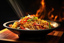 Stir-fried yakisoba noodles with vegetables and spices in the bowl. Asian cuisine