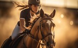 Fototapeta  - A determined professional equestrian rider while training a horse in an open arena