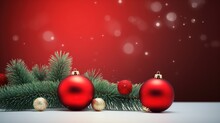  A Red Christmas Background With Three Red Baubles And A Fir Tree Branch.  Generative Ai