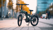 A Close-up Of A Foldable Electric Bike Parked Near A Public Transportation Hub, Mini Mobility, With Copy Space
