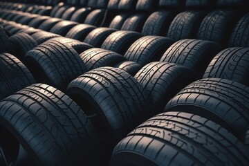 Wall Mural - A row of tires lined up in a bunch. This image can be used to depict concepts related to transportation, automotive industry, tire manufacturing, or recycling.