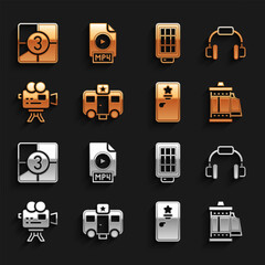 Wall Mural - Set Actor trailer, Headphones, Camera roll cartridge, Backstage, Retro cinema camera, Softbox light, Old film movie countdown frame and MP4 file document icon. Vector