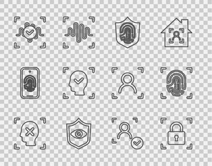 Wall Mural - Set line Rejection face recognition, Fingerprint with lock, shield, Shield eye scan, Voice, Face, and icon. Vector