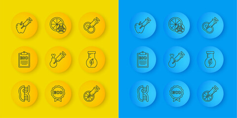 Wall Mural - Set line Genetically modified meat, Document for bio healthy food, Gmo research chicken, orange, Test tube and flask, apple, and icon. Vector