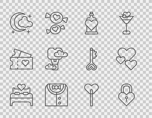 Poster - Set line Bedroom, Castle in the shape of a heart, Bottle with love potion, Suit, Moon and stars, Romantic hot air balloon, Lollipop and Heart icon. Vector