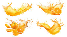 Isolated Orange Juice Splash On A Transparent Background  Fruit Juice Crown Splashes, Wave Swirls, And Shiny Yellow Liquid Droplets – Fresh And Clear Beverage