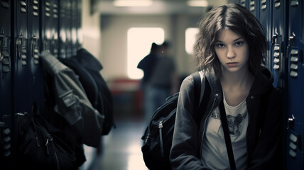 Poster - beautiful teenage girl stands in the school corridor