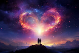 Fototapeta Kosmos - a couple in front of a heart shape nebulae, romantic cosmic landscape, Valentine's Day Concept