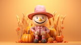Fototapeta Dziecięca -  a scarecrow sitting in a field of pumpkins wearing a pink hat.  generative ai