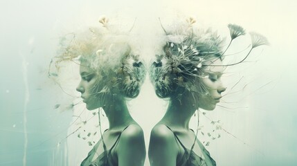  a double exposure of two women with feathers on their heads.  generative ai