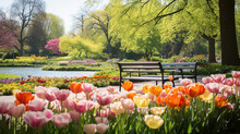 A Tranquil Image Of An April 2024 Calendar Page Set Against A Serene Garden Filled With Colorful Tulips And Daffodils